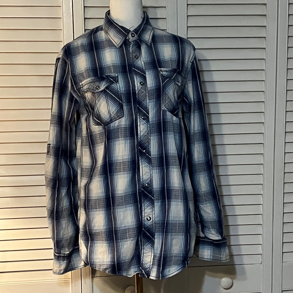 Women's Blue and White Plaid Button Down Shirt
